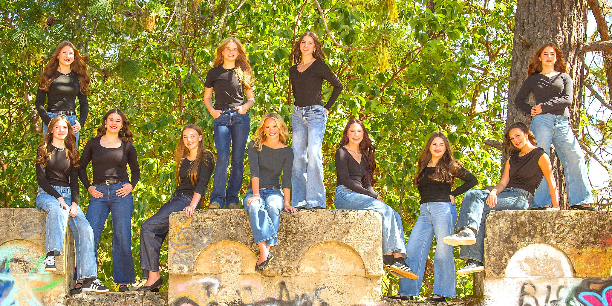 SODC dancers posing on a stone wall beneath trees